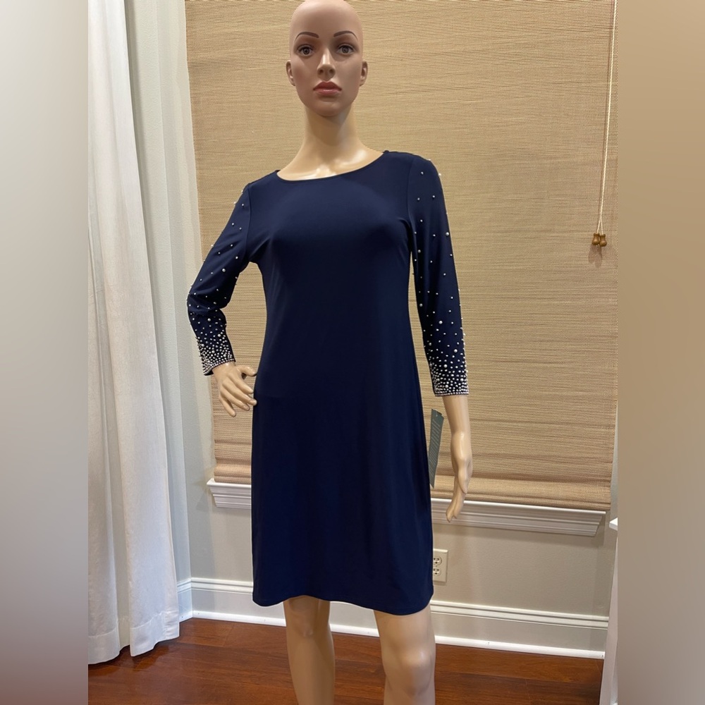 MSK Navy Pullover Rhinestone and Pearl Beading on Sleeves Size S NWT